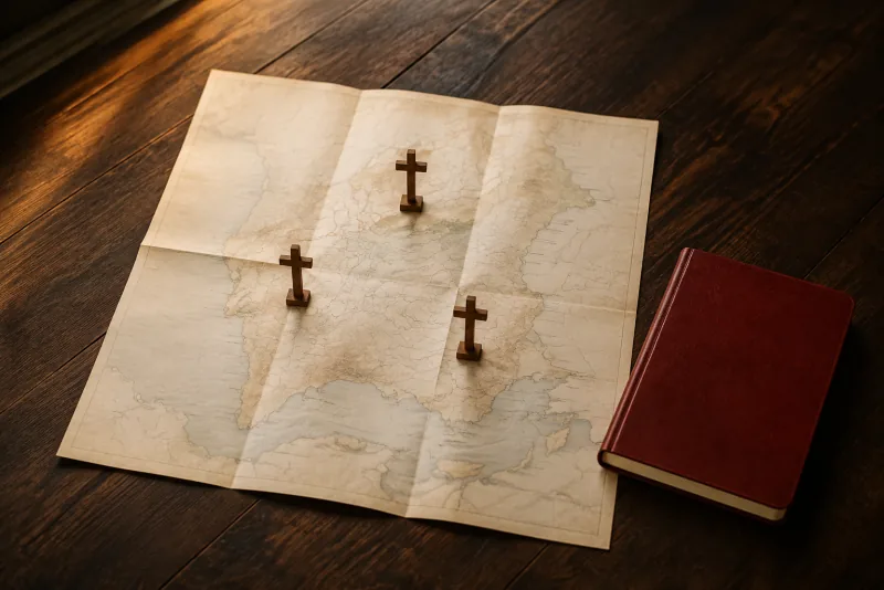 Three wooden cross markers stand on an unfolded map beside a closed red notebook.