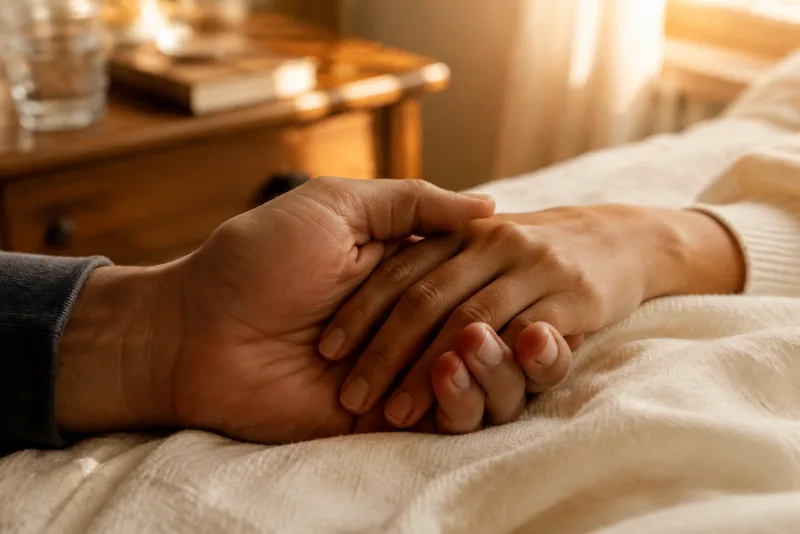 A caring hand gently holds a patient's hand in warm bedside sunlight.