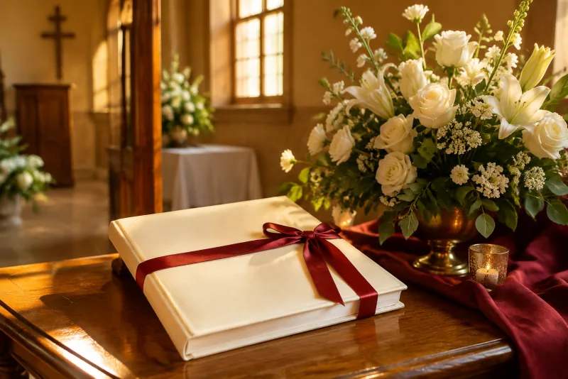 A ribbon-tied guestbook rests beside white flowers in a parish hall.