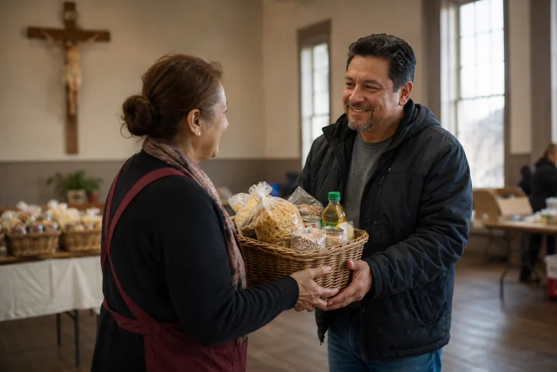 A parish volunteer hands a basket of food to a smiling adult in a community hall.