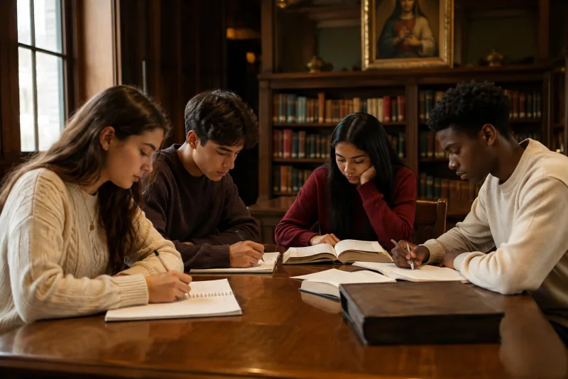 Four teenage students read and write together at a wooden library table.