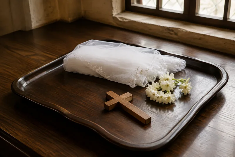 A folded white Communion veil, fresh jasmine flowers and one wooden cross rest on a dark tray by a chapel window.