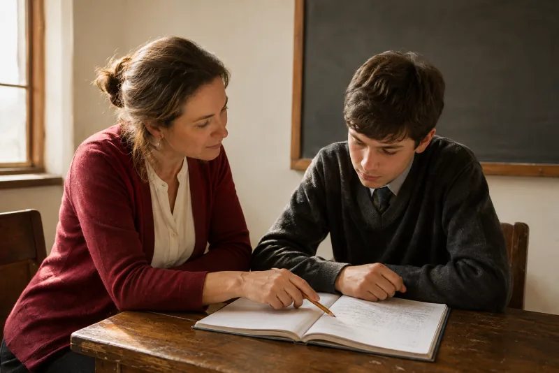 A teacher points to an exercise book while a teenage student listens at a classroom desk.