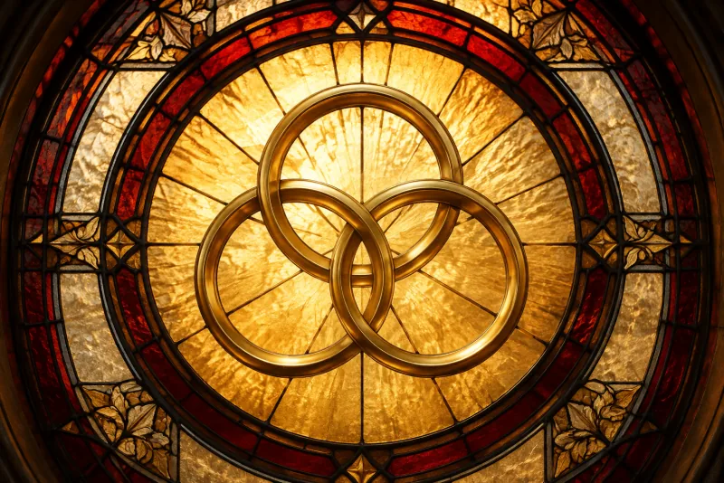 Three interlocking golden rings glow at the center of a red and ivory stained-glass window.