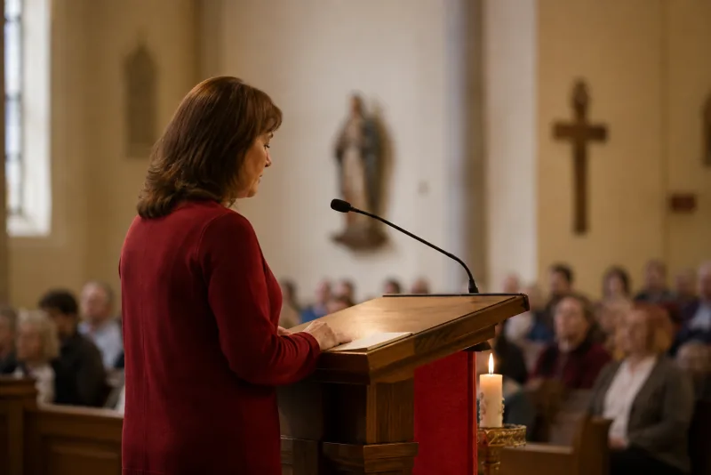 A parish lector reads at a wooden ambo while the congregation listens in soft focus.