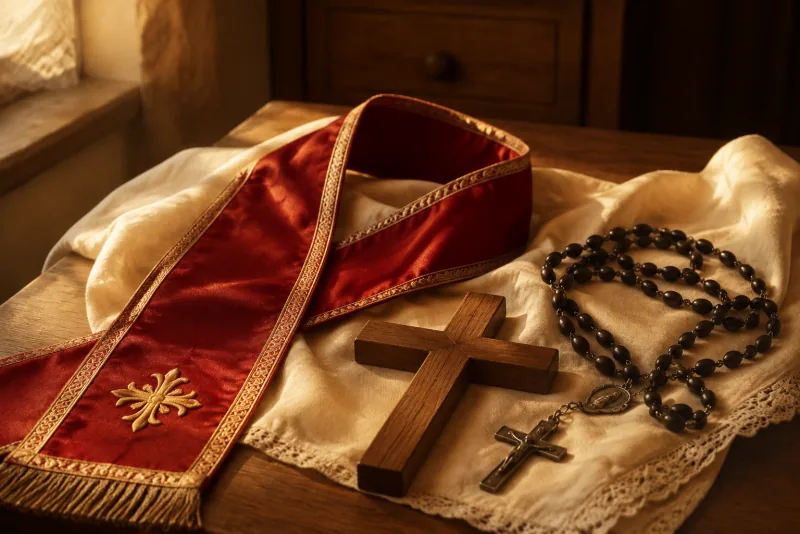 A priest's stole, rosary and wooden cross rest together in a quiet sacristy.