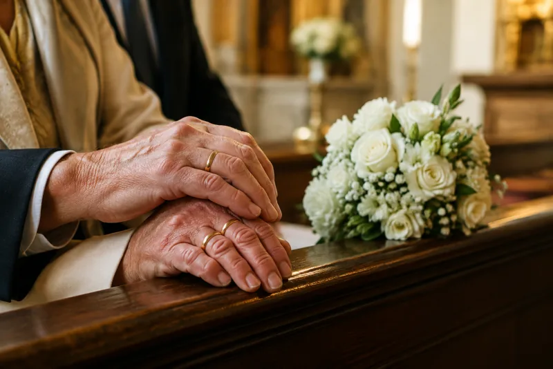 Elderly spouses' hands with gold wedding bands rest on a church pew beside white flowers.
