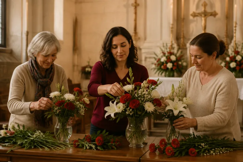 Three women arrange fresh flowers together inside a church.