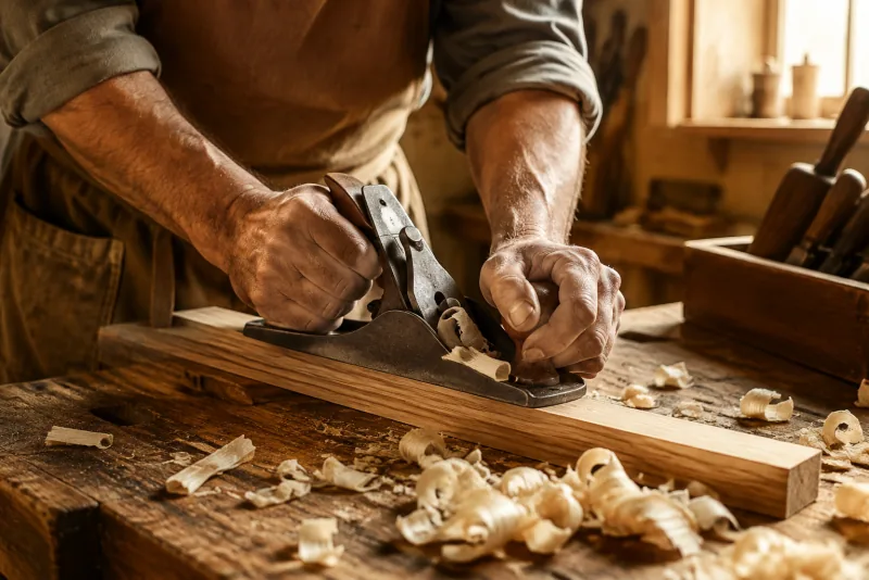 A carpenter uses a hand plane to shape wood at a workbench.