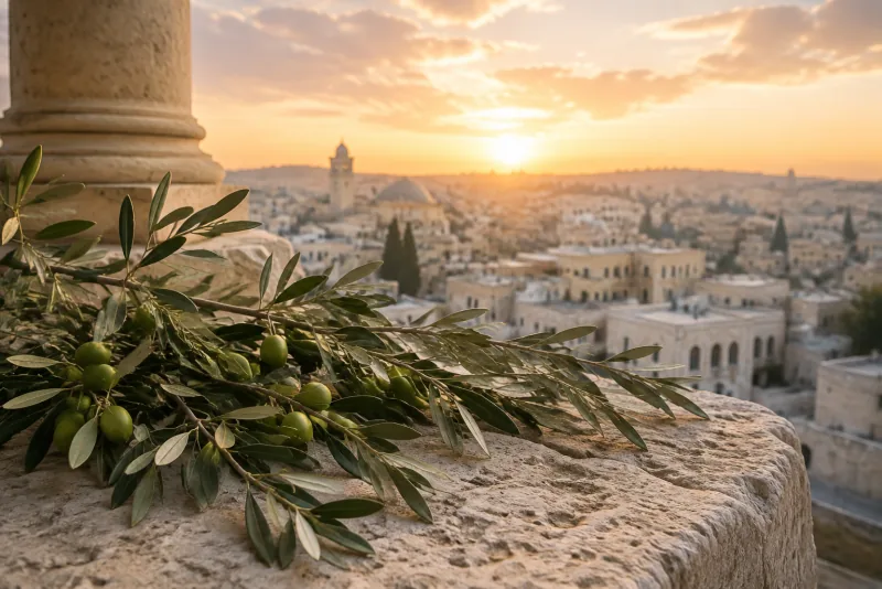 Olive branches rest on a stone balcony overlooking a quiet city at dawn.