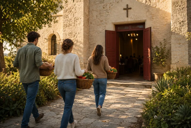 Young adult volunteers carry baskets of bread and vegetables toward an open parish hall.